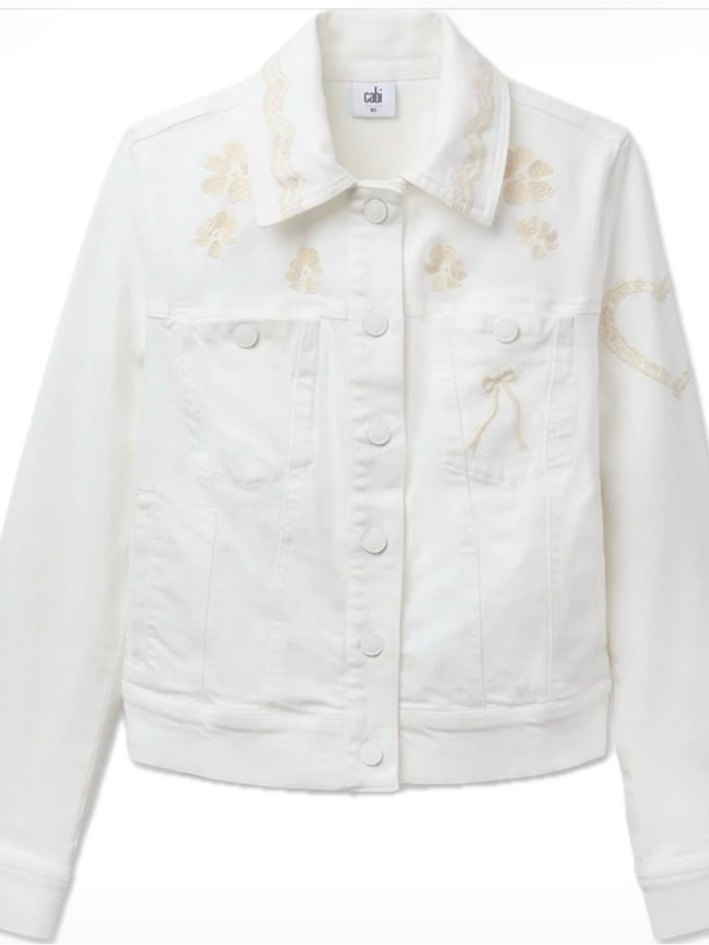 CAbi Lady Bird White Denim Jacket with Cream Embroidery